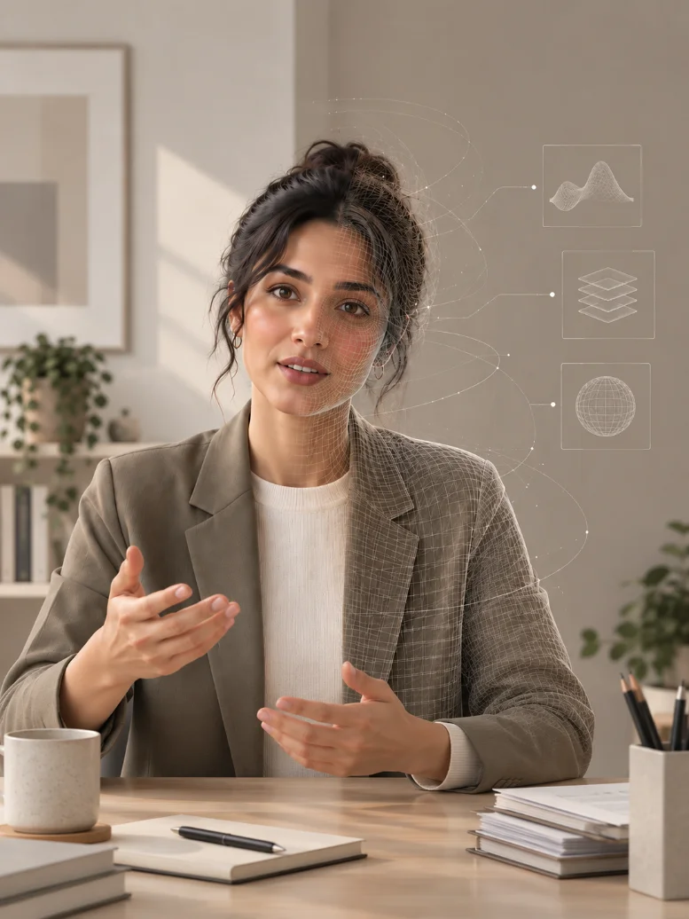 A person speaking with Athira, with the render layers it produces annotated alongside