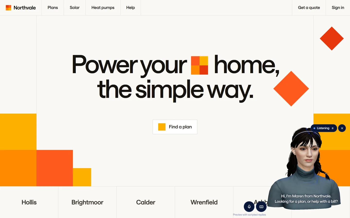 A company website with Maren, an Athira avatar, greeting visitors in the corner